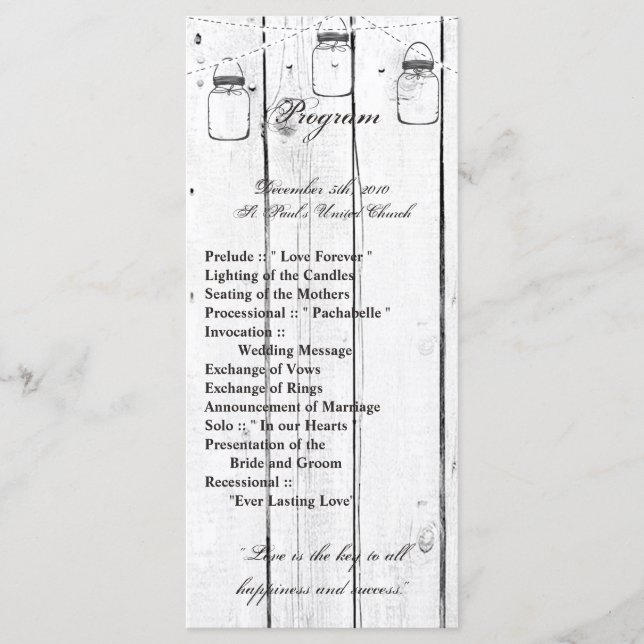 25 4x9 Wedding Program Mason Jar String Lights Programme (Front)