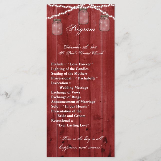 25 4x9 Wedding Program Mason Jar String Lights Woo Programme (Front)