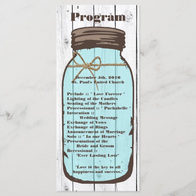 25 4x9 Wedding Program Mason Jar Wood Country Programme (Front)