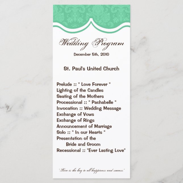 25 4x9 Wedding Program Mint Gree White Damask Lace Programme (Front)