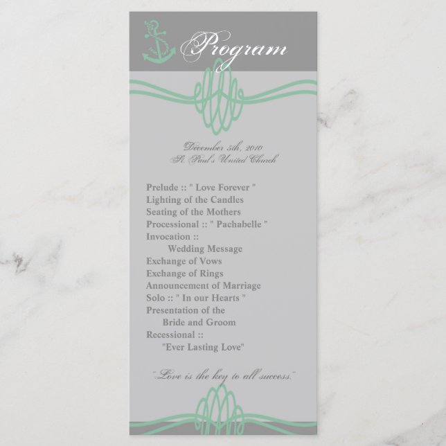 25 4x9 Wedding Program Nautical Knot Anchor Tiff Programme (Front)