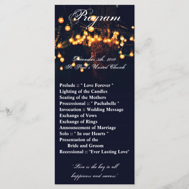 25 4x9 Wedding Program Oak Tree String Lights Nigh Programme (Front)