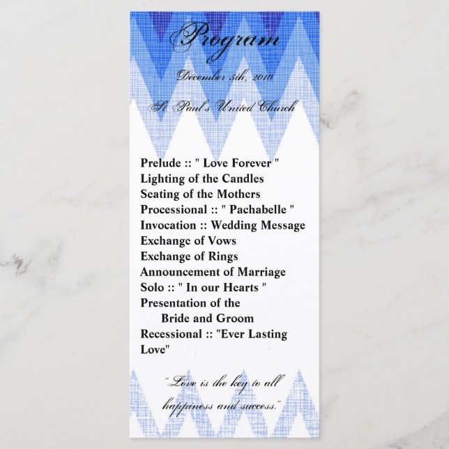 25 4x9 Wedding Program Ombre Blue Chevron Programme (Front)