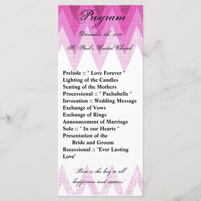 25 4x9 Wedding Program Ombre Pink Chevron Programme (Front)