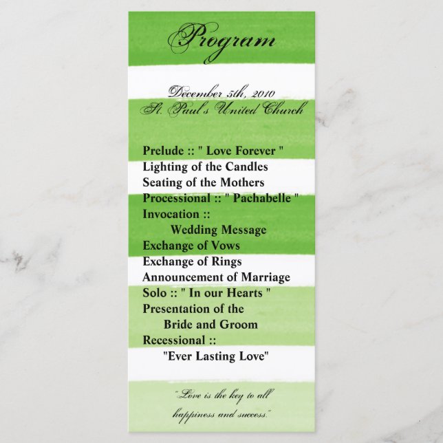 25 4x9 Wedding Program Ombre Stripe Green Line Programme (Front)