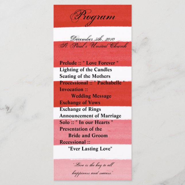 25 4x9 Wedding Program Ombre Stripe Red Line Programme (Front)