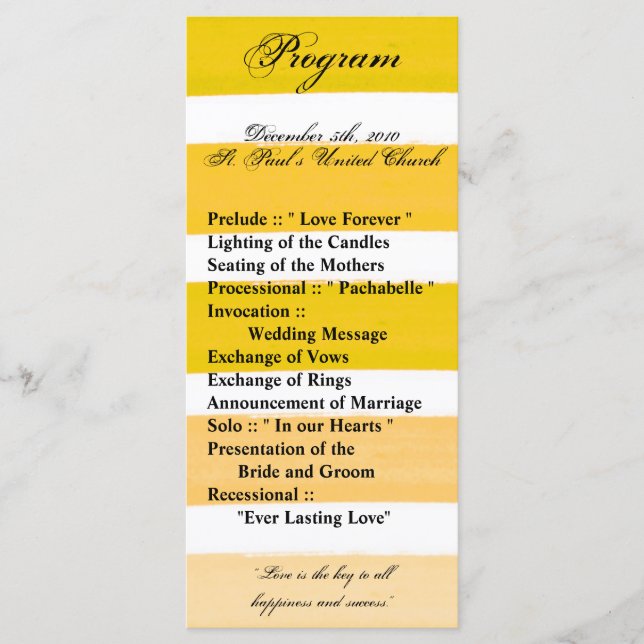 25 4x9 Wedding Program Ombre Stripe Yellow Line Programme (Front)