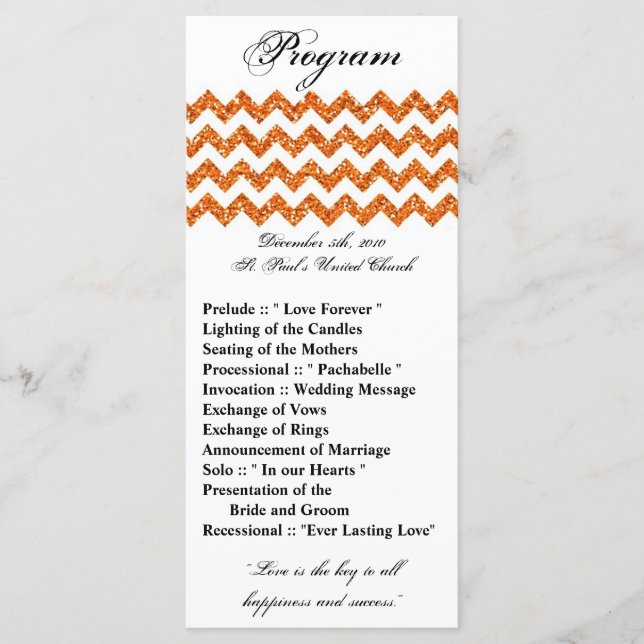 25 4x9 Wedding Program Orange Glitter Chevron Zig Programme (Front)