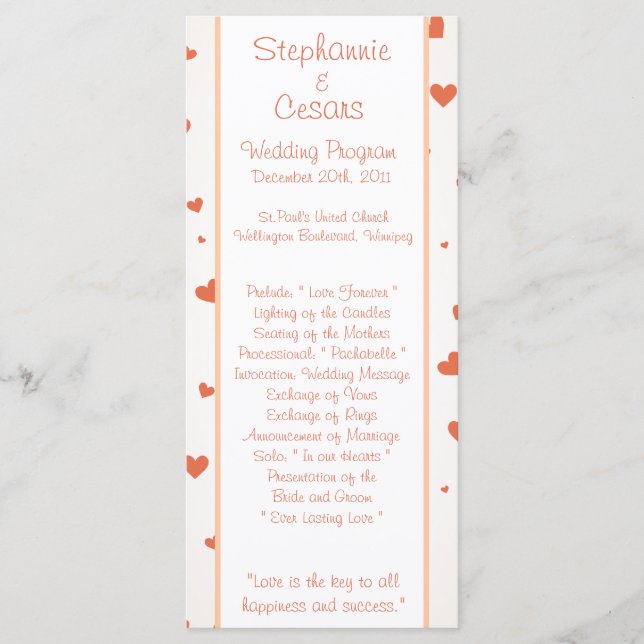 25 4x9 Wedding Program Penguin Love/Hearts Peach Programme (Front)