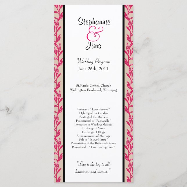 25 4x9 Wedding Program Pink and Black Wild Flowers Programme (Front)