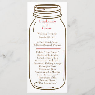 25 4x9 Wedding Program Pink/Brown Mason Jar Programme