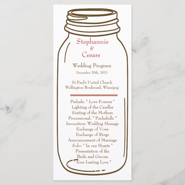 25 4x9 Wedding Program Pink/Brown Mason Jar Programme (Front)