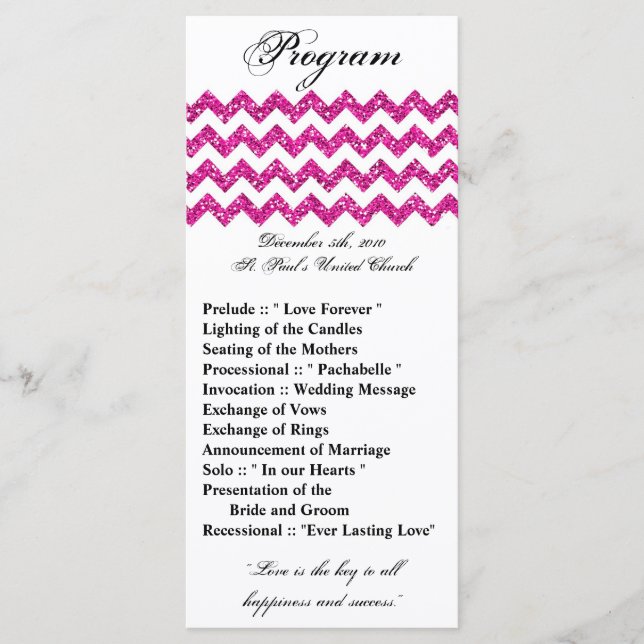25 4x9 Wedding Program Pink Glitter Chevron Zig Programme (Front)