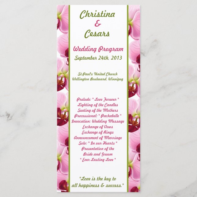 25 4x9 Wedding Program Pink Orchid Long Stem Flowe Programme (Front)