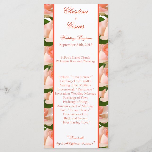 25 4x9 Wedding Program Pink/Peach Rose with Leaves Programme (Front)