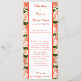 25 4x9 Wedding Program Pink/Peach Rose with Leaves Programme