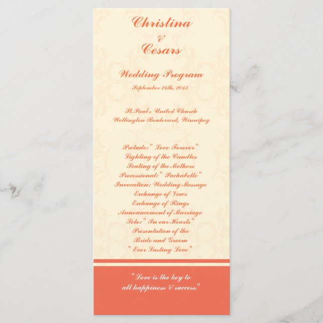 25 4x9 Wedding Program Pinkish/Peach Formal Scroll Programme (Front)