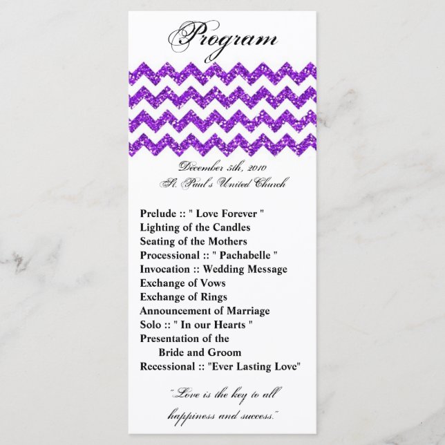 25 4x9 Wedding Program Purple Glitter Chevron Zig Programme (Front)