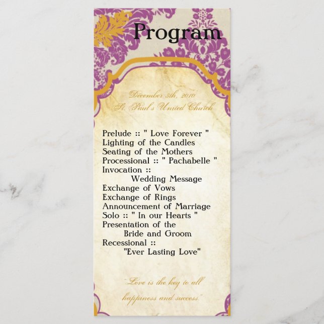 25 4x9 Wedding Program Purple Gold Damask Lace Pri Programme (Front)