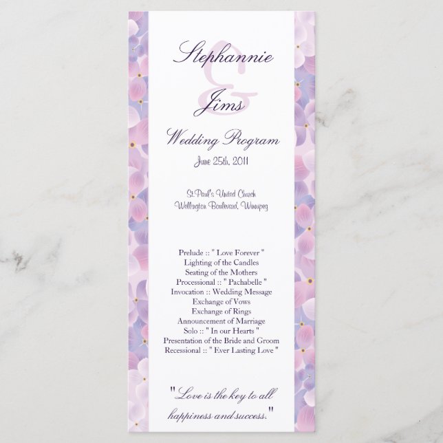 25 4x9 Wedding Program Purple Hydrangea Programme (Front)