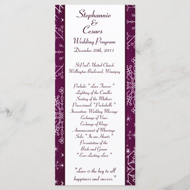 25 4x9 Wedding Program Purple Star and Snowflakes Programme (Front)