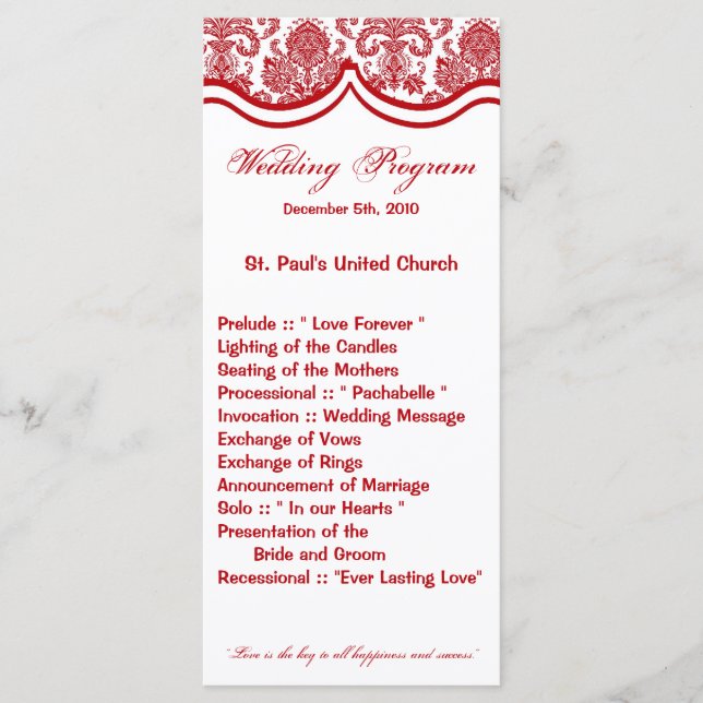 25 4x9 Wedding Program Red Crims White Damask Lace Programme (Front)