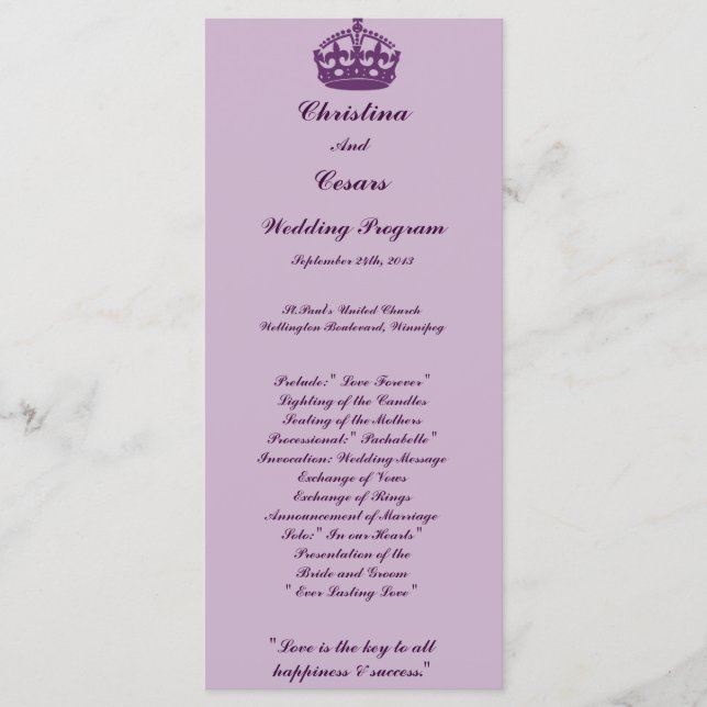 25 4x9 Wedding Program Royal Purple Crown/Swirls l Programme (Front)