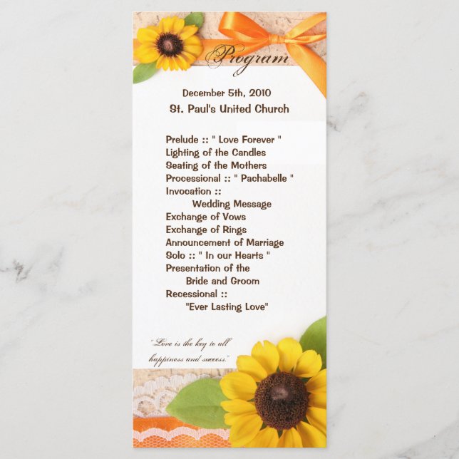 25 4x9 Wedding Program Rustic Sunflower Country Programme (Front)