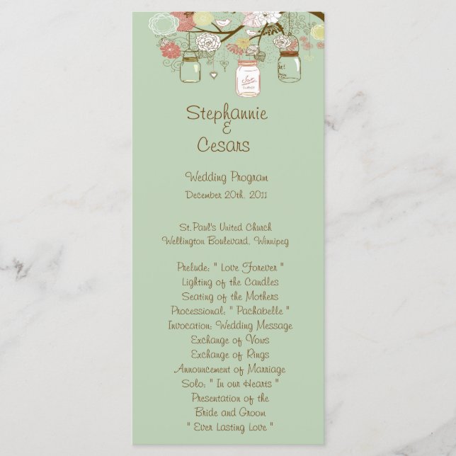 25 4x9 Wedding Program Spring Floral Mason Jars Programme (Front)