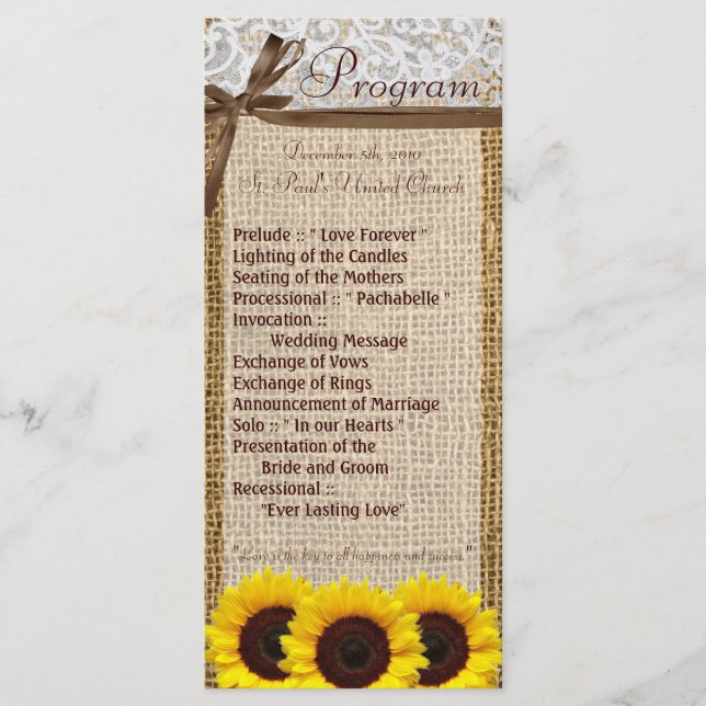 25 4x9 Wedding Program Sunflower Lace Burlap Count Programme (Front)