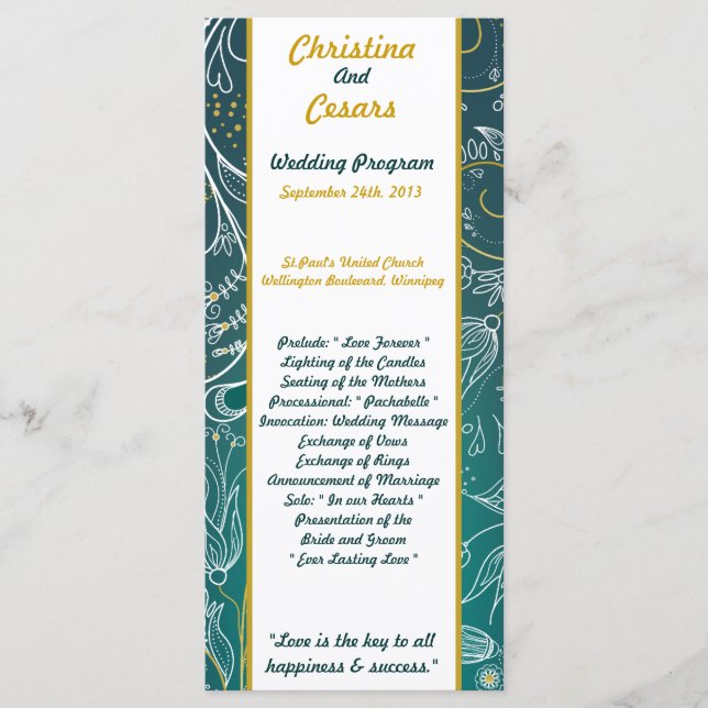 25 4x9 Wedding Program Teal/Yellow Mustard Floral Programme (Front)