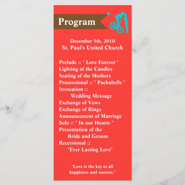 25 4x9 Wedding Program Teen Love Couple on Bicycle Programme (Front)