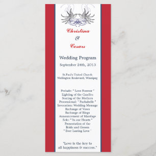 25 4x9 Wedding Program White Dove Red Blue BG Ribb Programme