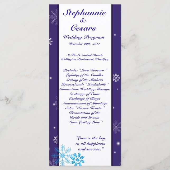 25 4x9 Wedding Program White Snow Flakes Programme (Front)