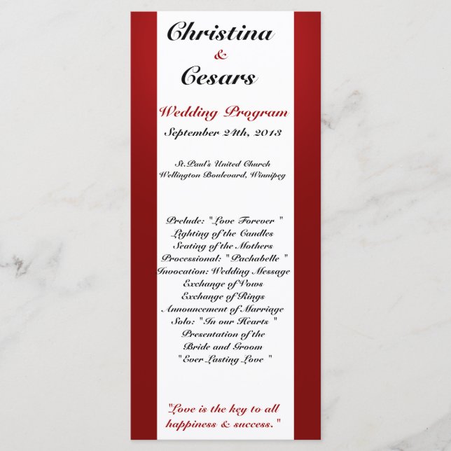 25 4x9 Wedding Program White Tree Red Black Stripe Programme (Front)