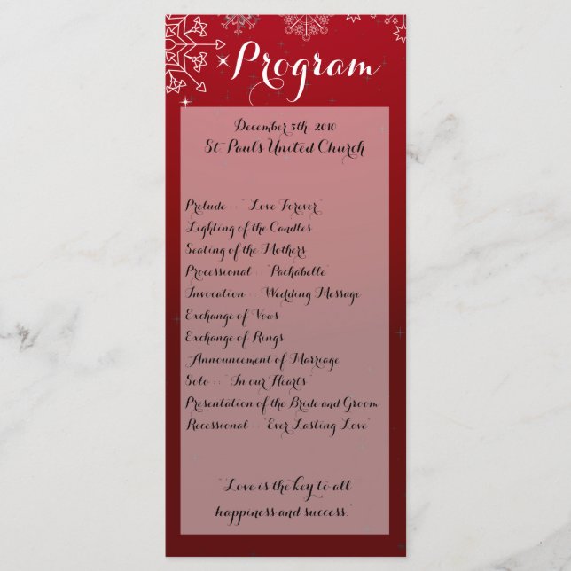 25 4x9 Wedding Program Winter Snowflakes Snow Ice Programme (Front)