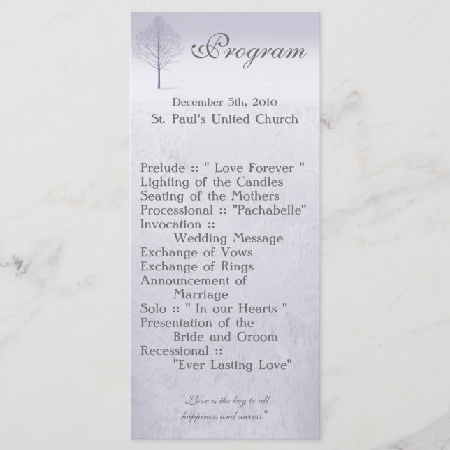 25 4x9 Wedding Program Winter Wonderland Trees Sno Programme (Front)