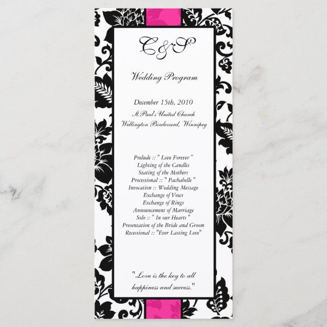 25 Black/Hot Pink Floral Damask Wedding Programs Programme (Front)