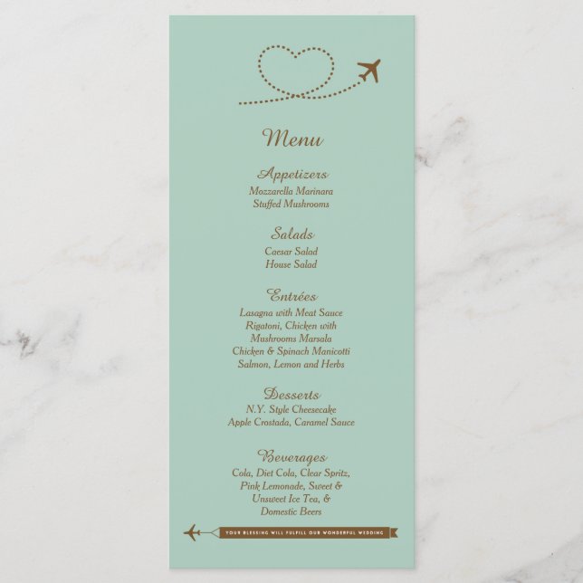 25 Blue Aeroplane Heart Wedding Menu Cards (Front)
