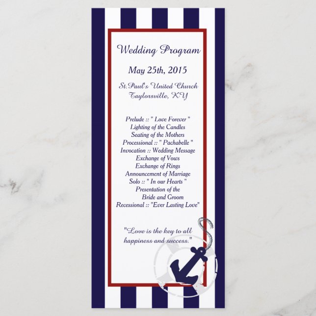 25 Blue Anchor Nautical Wedding Programs Programme (Front)