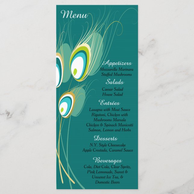 25 Blue Peacock Feather Menu Cards (Front)