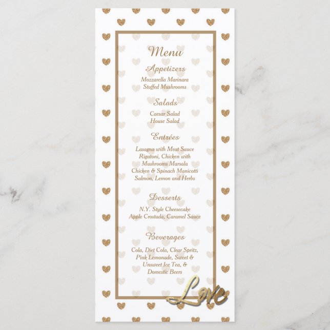 25 Gold Love Hearts Wedding Menu Cards (Front)