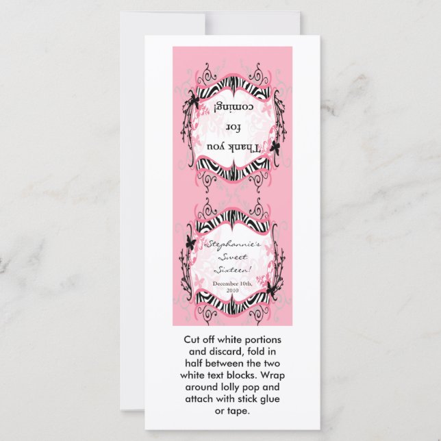 25 Lollipop Topper Girly Butterfly Zebra Print (Front)