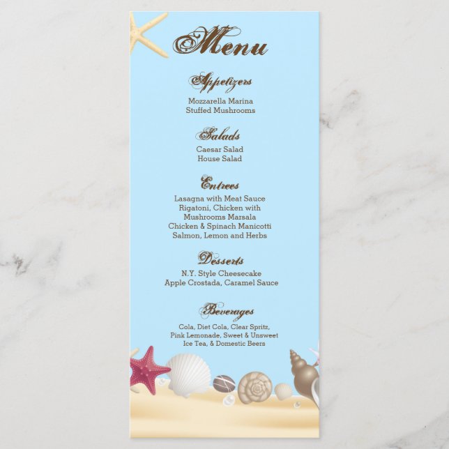 25 Menu Cards Beach Sea Shells Ocean Sand Water (Front)