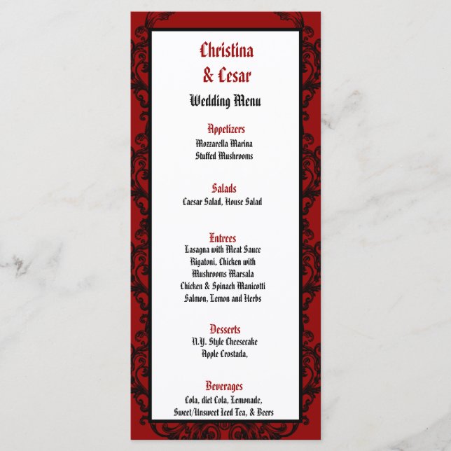 25 Menu Cards Crimson Red Ornate Embellishment Rub (Front)