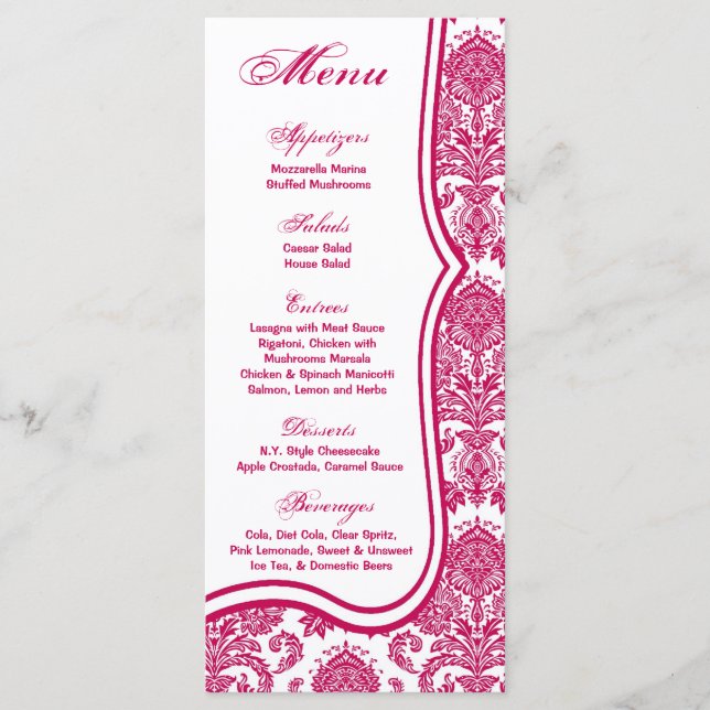 25 Menu Cards Fusia White Damask Lace Print Patter (Front)
