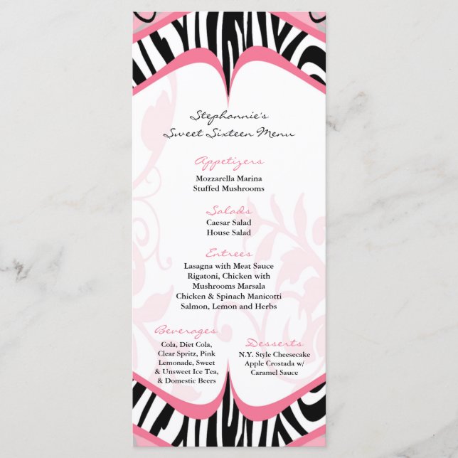 25 Menu Cards Girly Butterfly Zebra Print Pattern (Front)