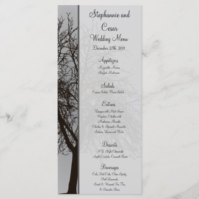 25 Menu Cards Grey Winter Trees Snow Bare (Front)