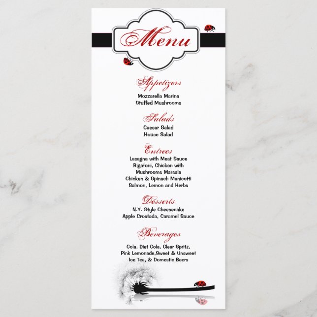 25 Menu Cards Lady Bug Dandilion Flower Insect (Front)