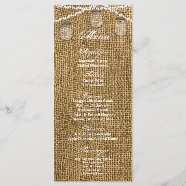 25 Menu Cards Mason Jar String Lights Burlap Potat (Front)